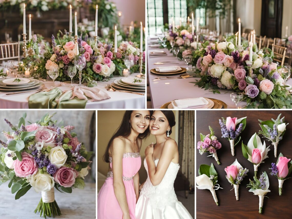 A photo collage of pink, lavender, and leafy green wedding color ideas.