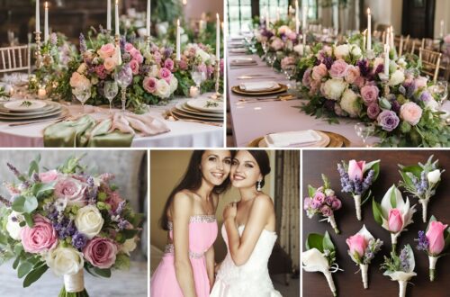 A photo collage of pink, lavender, and leafy green wedding color ideas.