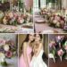 A photo collage of pink, lavender, and leafy green wedding color ideas.