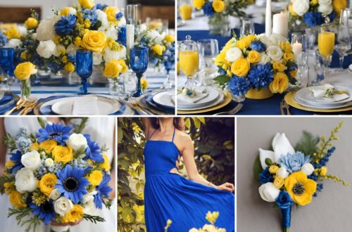 A photo collage of blue, yellow, and white wedding color ideas.