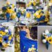 A photo collage of blue, yellow, and white wedding color ideas.