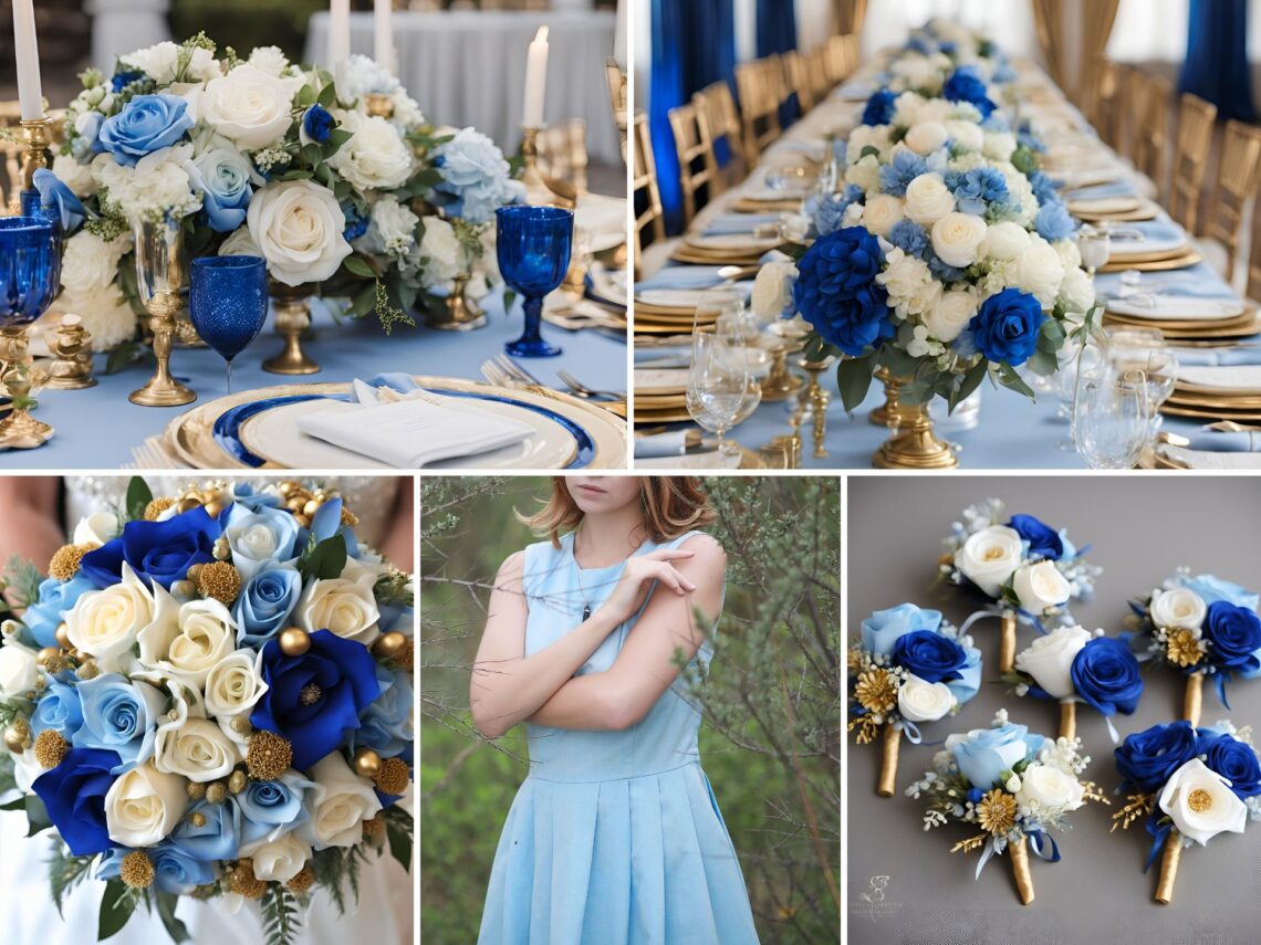 A photo collage of light blue, royal blue, gold, and white wedding color ideas.