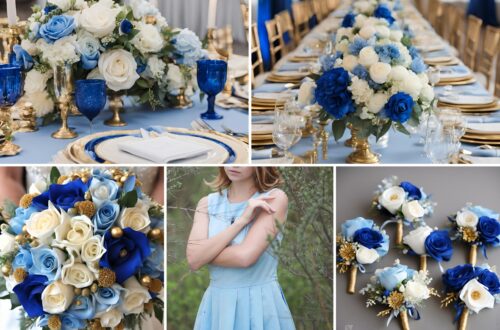 A photo collage of light blue, royal blue, gold, and white wedding color ideas.