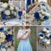 A photo collage of light blue, royal blue, gold, and white wedding color ideas.