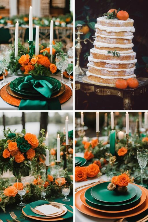 A photo collage of orange, emerald green, and white wedding color ideas.