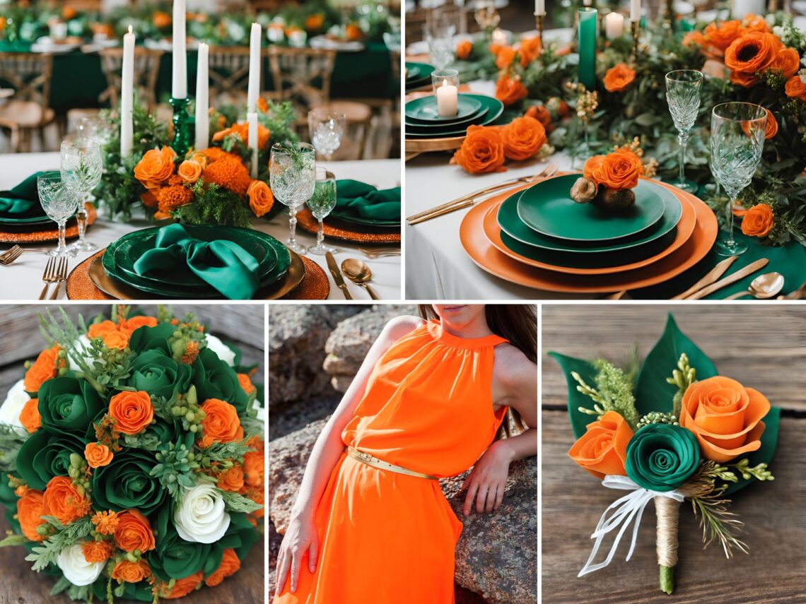 A photo collage of orange, emerald green, and white wedding color ideas.