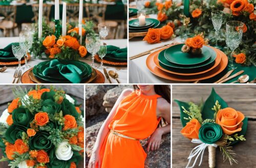 A photo collage of orange, emerald green, and white wedding color ideas.