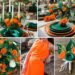 A photo collage of orange, emerald green, and white wedding color ideas.