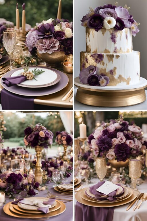 A photo collage of purple onion, mauve, and champagne gold wedding color ideas.