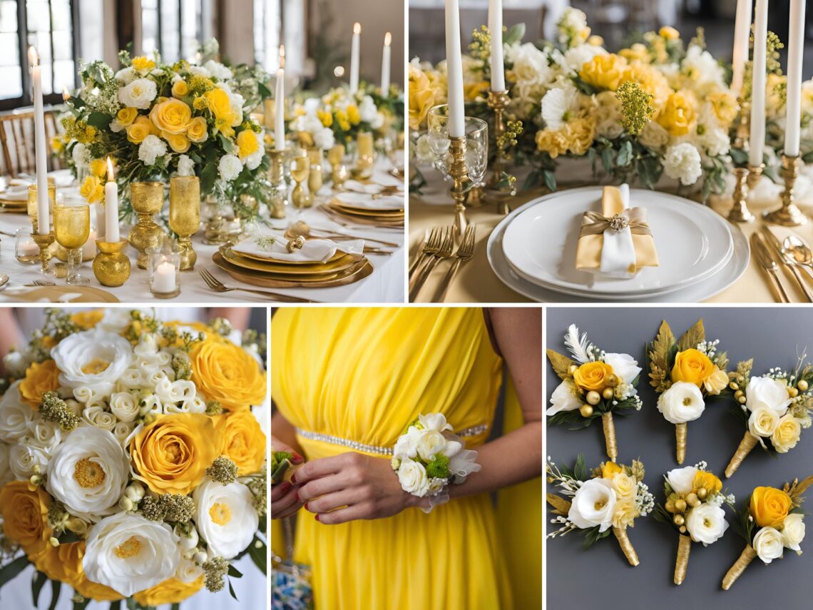 A photo collage of yellow, gold, and white wedding color ideas.