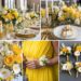 A photo collage of yellow, gold, and white wedding color ideas.