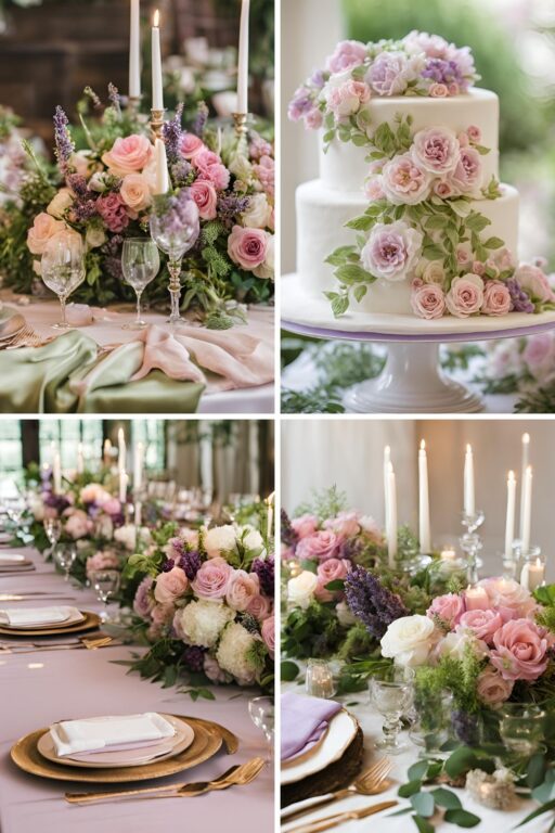 A photo collage of pink, lavender, and leafy green wedding color ideas.