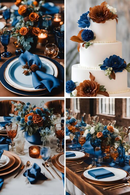 A photo collage of cognac and blue wedding color ideas.