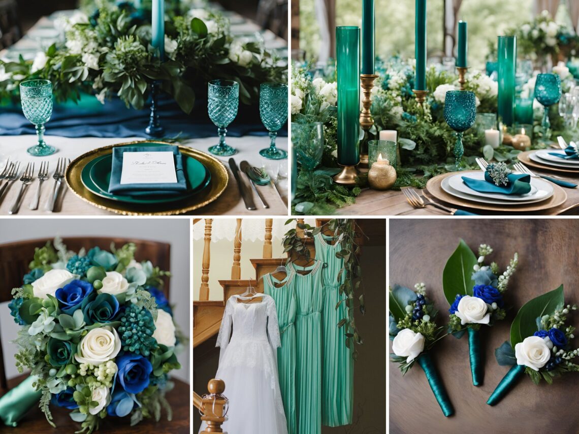 A photo collage of emerald green and blue wedding color ideas.