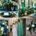 A photo collage of emerald green and blue wedding color ideas.