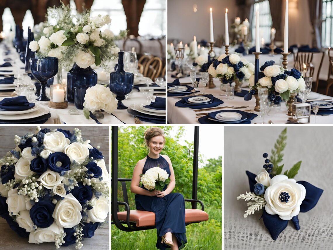 A photo collage of navy and antique white wedding color ideas.