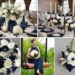 A photo collage of navy and antique white wedding color ideas.