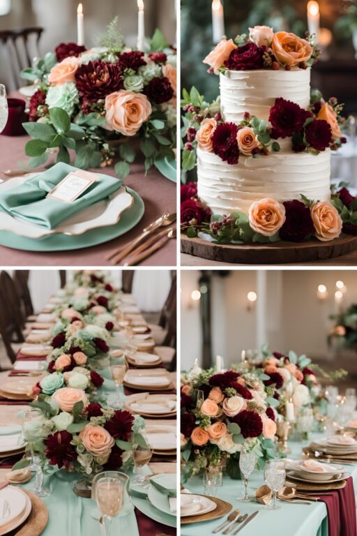 A photo collage of burgundy, peach, champagne, and mint green wedding color ideas.