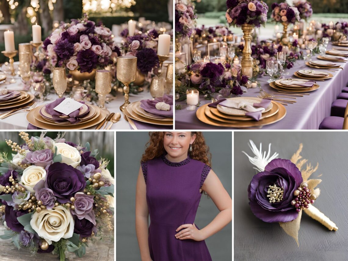 A photo collage of purple onion, mauve, and champagne gold wedding color ideas.