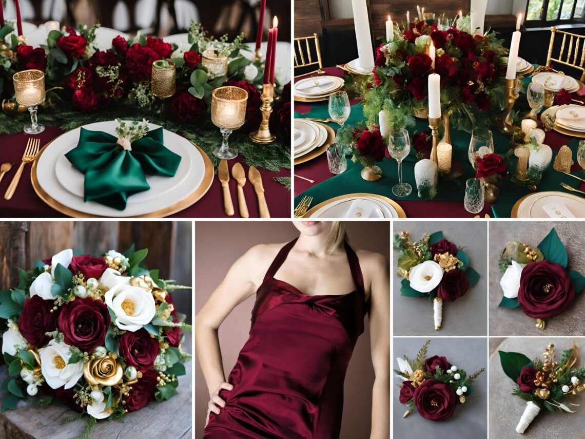 A photo collage of wine red, emerald green, gold, and white wedding color ideas.