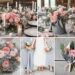 A photo collage of pink and grey wedding color ideas with rustic accents.