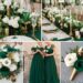 A photo collage of emerald green, gold, and white wedding color ideas.