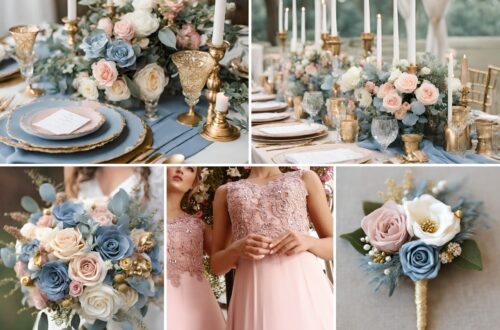 A photo collage of dusty blue, dusty pink, gold, and white wedding color ideas.