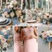 A photo collage of dusty blue, dusty pink, gold, and white wedding color ideas.