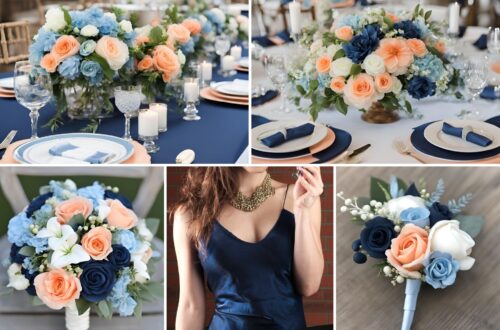 A photo collage of navy blue, sky blue, peach, and white wedding color ideas.