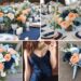 A photo collage of navy blue, sky blue, peach, and white wedding color ideas.