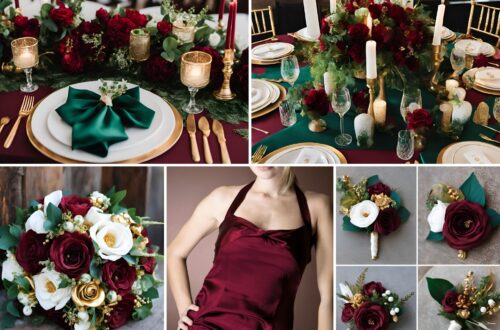 A photo collage of wine red, emerald green, gold, and white wedding color ideas.