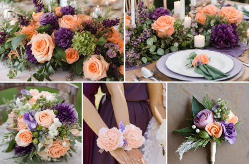 A photo collage of peach, purple, and green wedding color ideas.