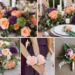 A photo collage of peach, purple, and green wedding color ideas.