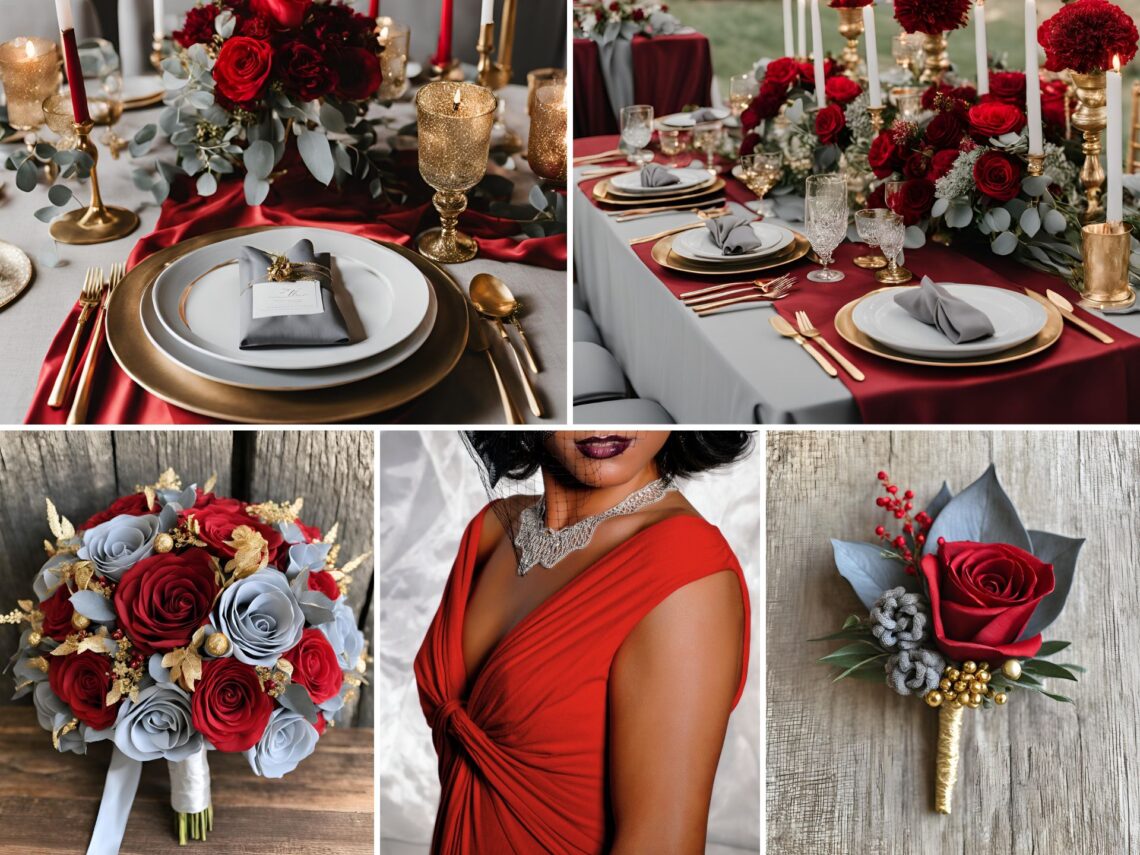 A photo collage of red, ash grey, and gold wedding color ideas.