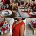 A photo collage of red, ash grey, and gold wedding color ideas.