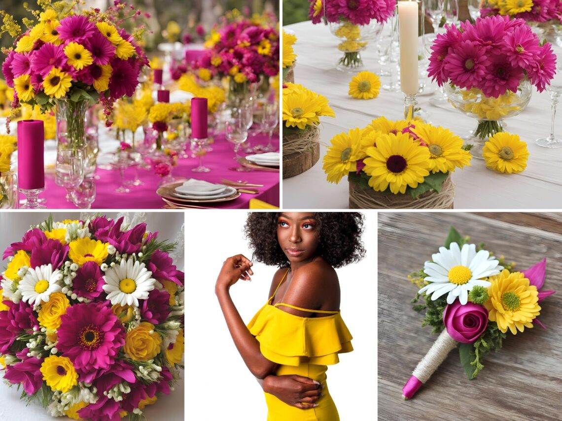 A photo collage of daisy yellow and fuchsia pink wedding color ideas.