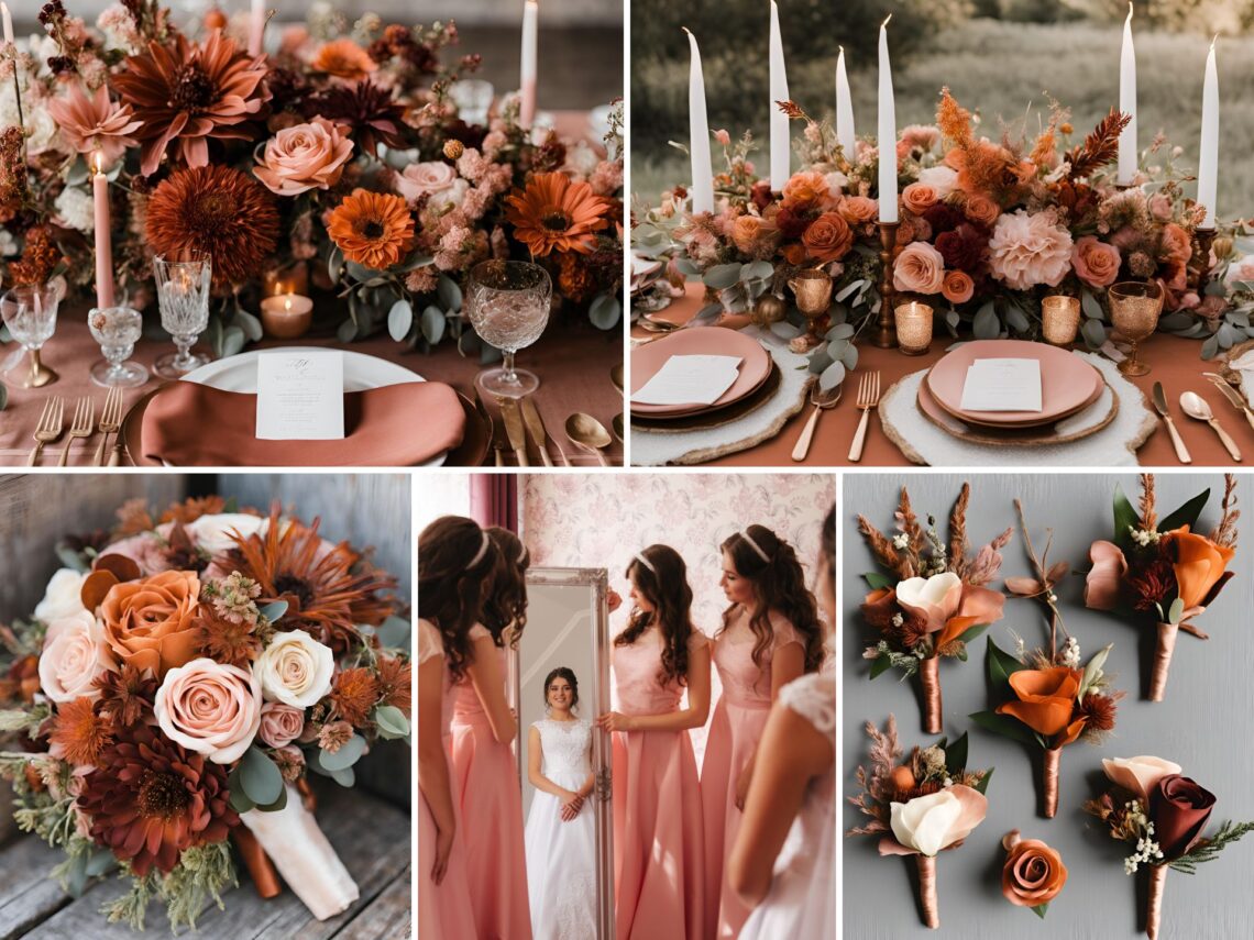 A photo collage of burnt orange, dusty pink, rustic brown wedding color ideas.