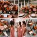 A photo collage of burnt orange, dusty pink, rustic brown wedding color ideas.