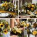 A photo collage of mustard yellow, olive green, and coffee brown wedding color ideas.