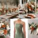 A photo collage of sage green, rust orange, cream, beige, and tan wedding color ideas.