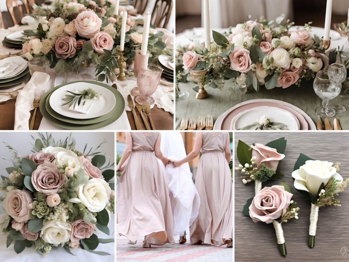 A photo collage of dusty pink, olive green, and ivory wedding color ideas.