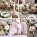 A photo collage of dusty pink, olive green, and ivory wedding color ideas.