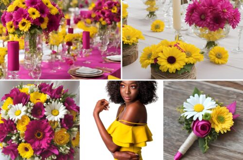 A photo collage of daisy yellow and fuchsia pink wedding color ideas.