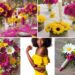 A photo collage of daisy yellow and fuchsia pink wedding color ideas.