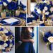 A photo collage of royal blue, champagne gold, and white wedding color ideas.