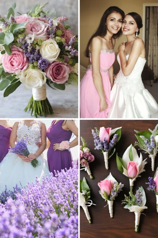 A photo collage of pink, lavender, and leafy green wedding color ideas.