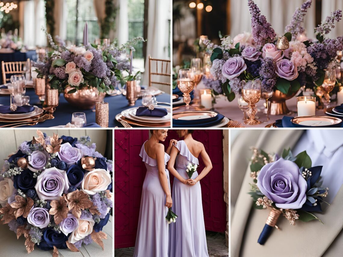 A photo collage of lilac, navy blue, and rose gold wedding color ideas.