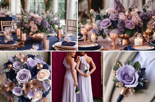 A photo collage of lilac, navy blue, and rose gold wedding color ideas.