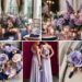 A photo collage of lilac, navy blue, and rose gold wedding color ideas.