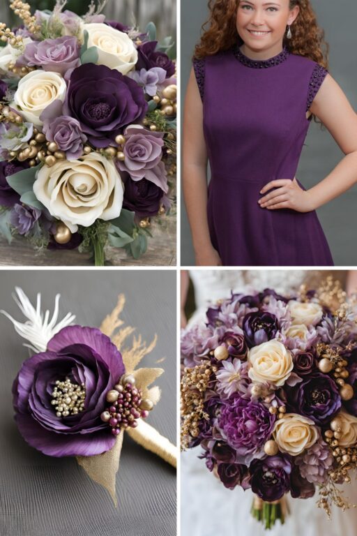 A photo collage of purple onion, mauve, and champagne gold wedding color ideas.